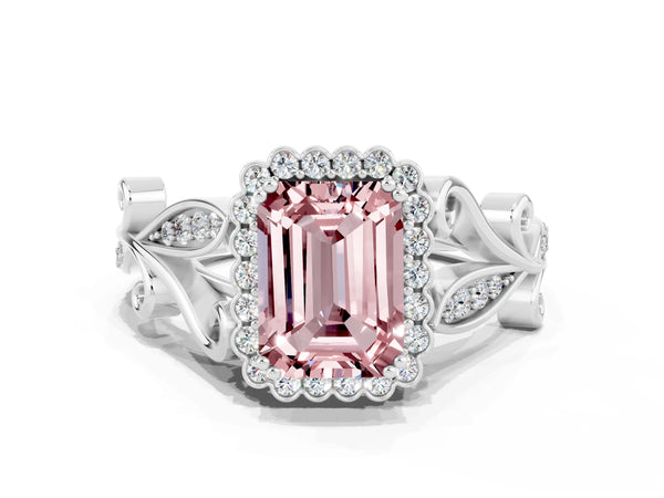 White gold Emerald Cut Morganite Halo Ring with Vintage Split Shank and Four-Prong Setting