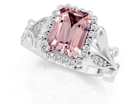 White gold Emerald Cut Morganite Halo Ring with Vintage Split Shank and Four-Prong Setting_25