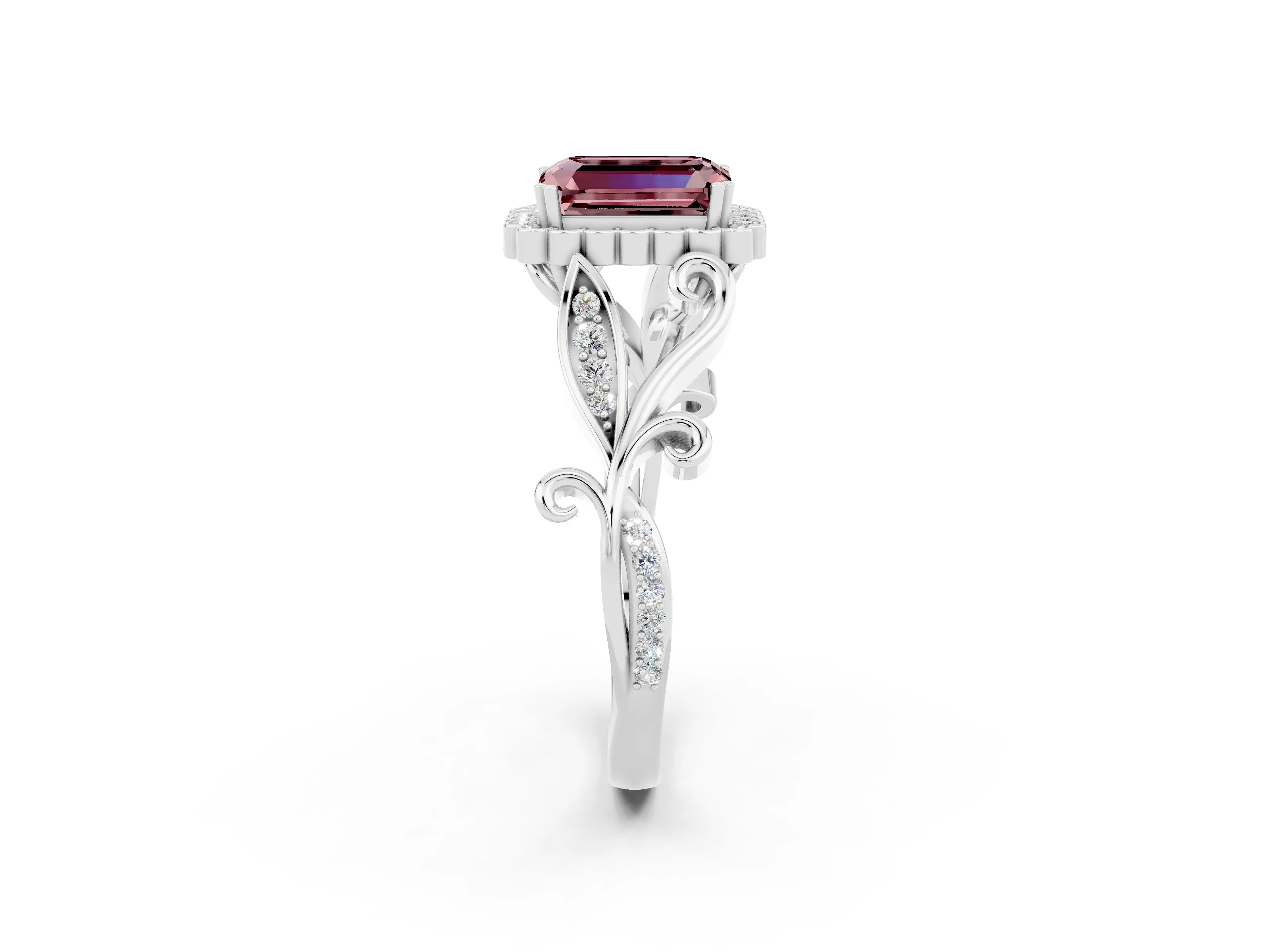 White gold Emerald Cut Morganite Halo Ring with Vintage Split Shank and Four-Prong Setting_26