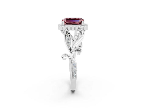 White gold Emerald Cut Morganite Halo Ring with Vintage Split Shank and Four-Prong Setting_26
