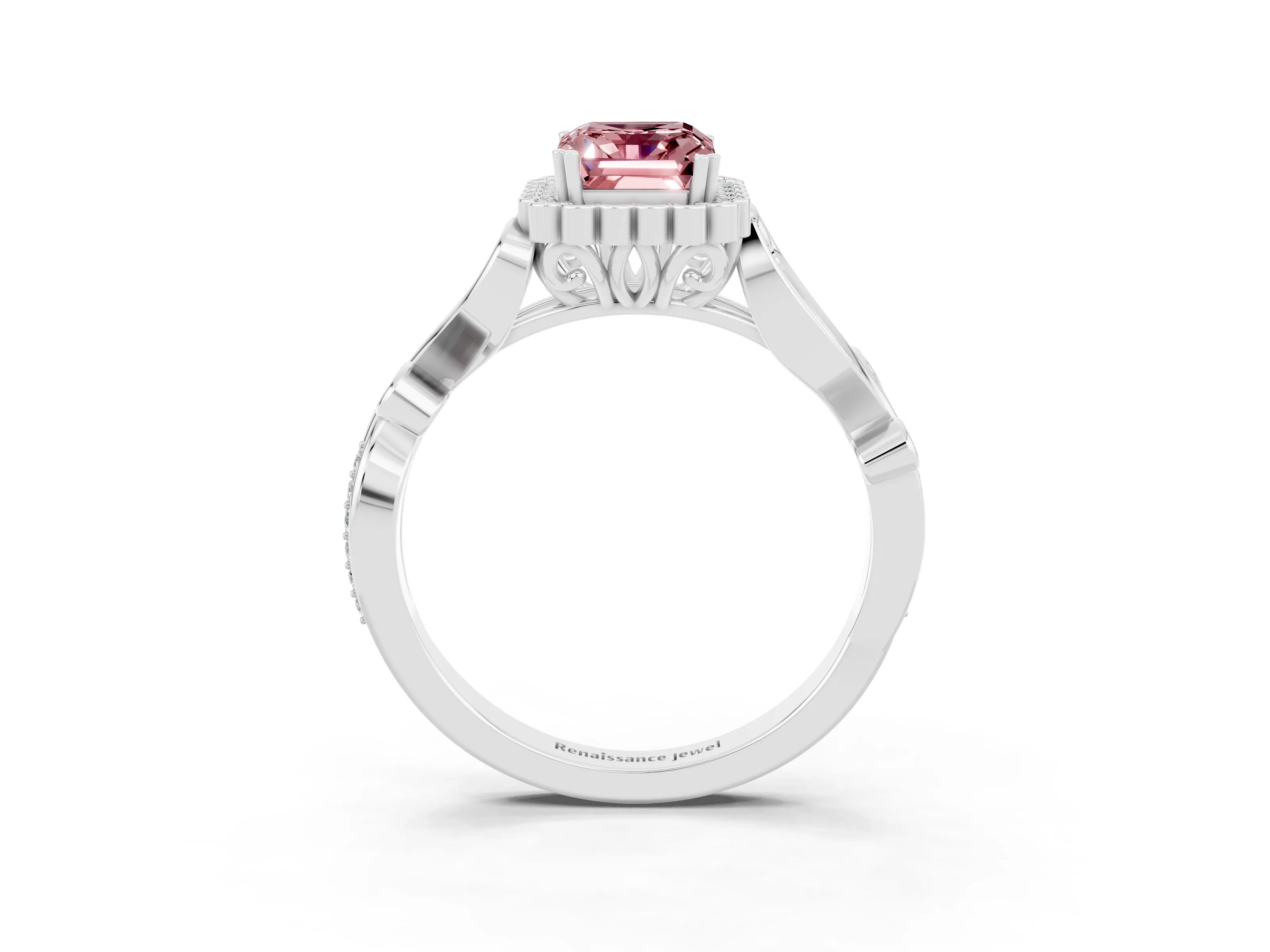 White gold Emerald Cut Morganite Halo Ring with Vintage Split Shank and Four-Prong Setting_27
