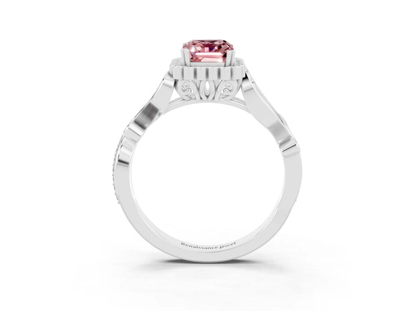 White gold Emerald Cut Morganite Halo Ring with Vintage Split Shank and Four-Prong Setting