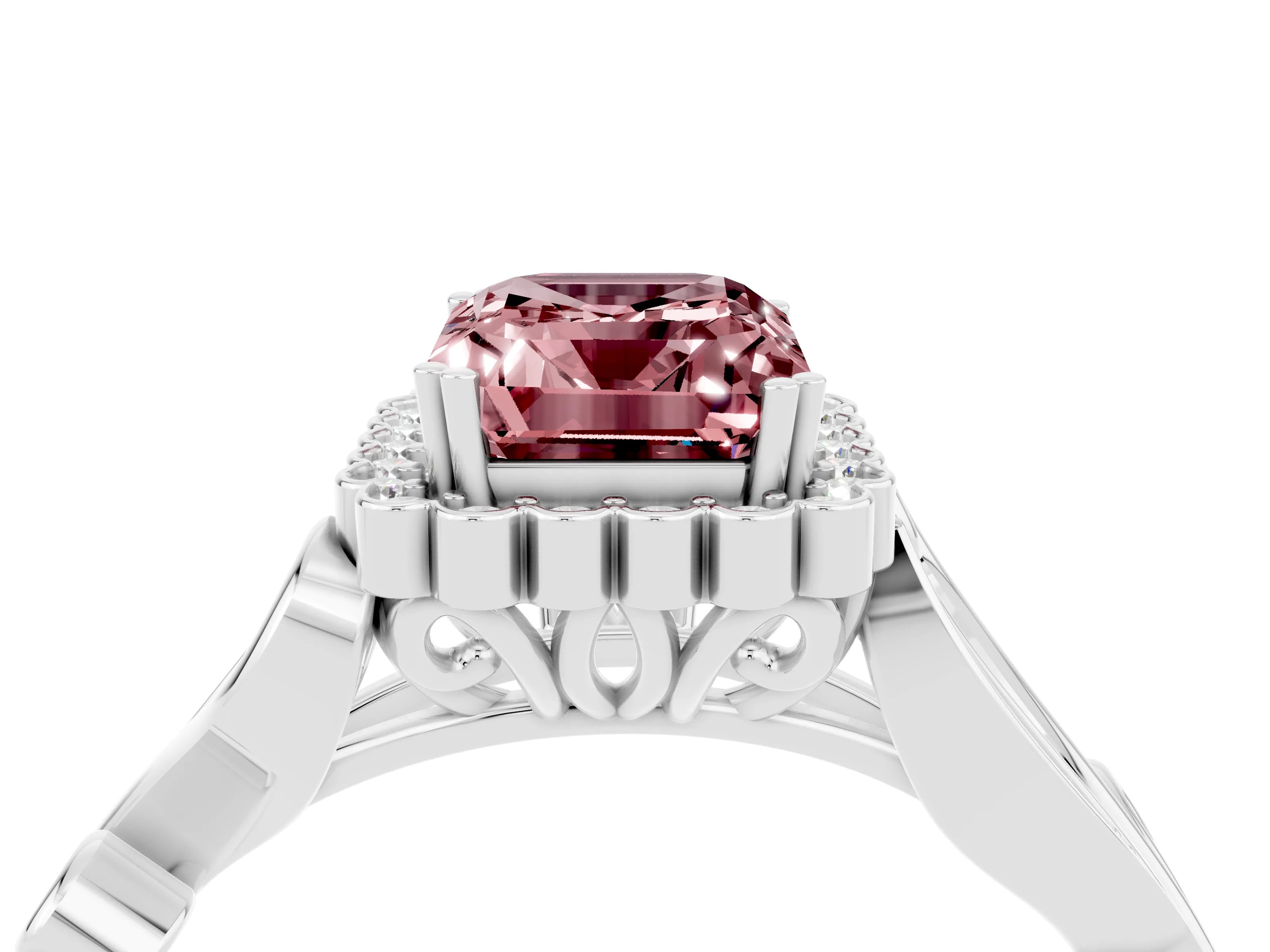 White gold Emerald Cut Morganite Halo Ring with Vintage Split Shank and Four-Prong Setting_28