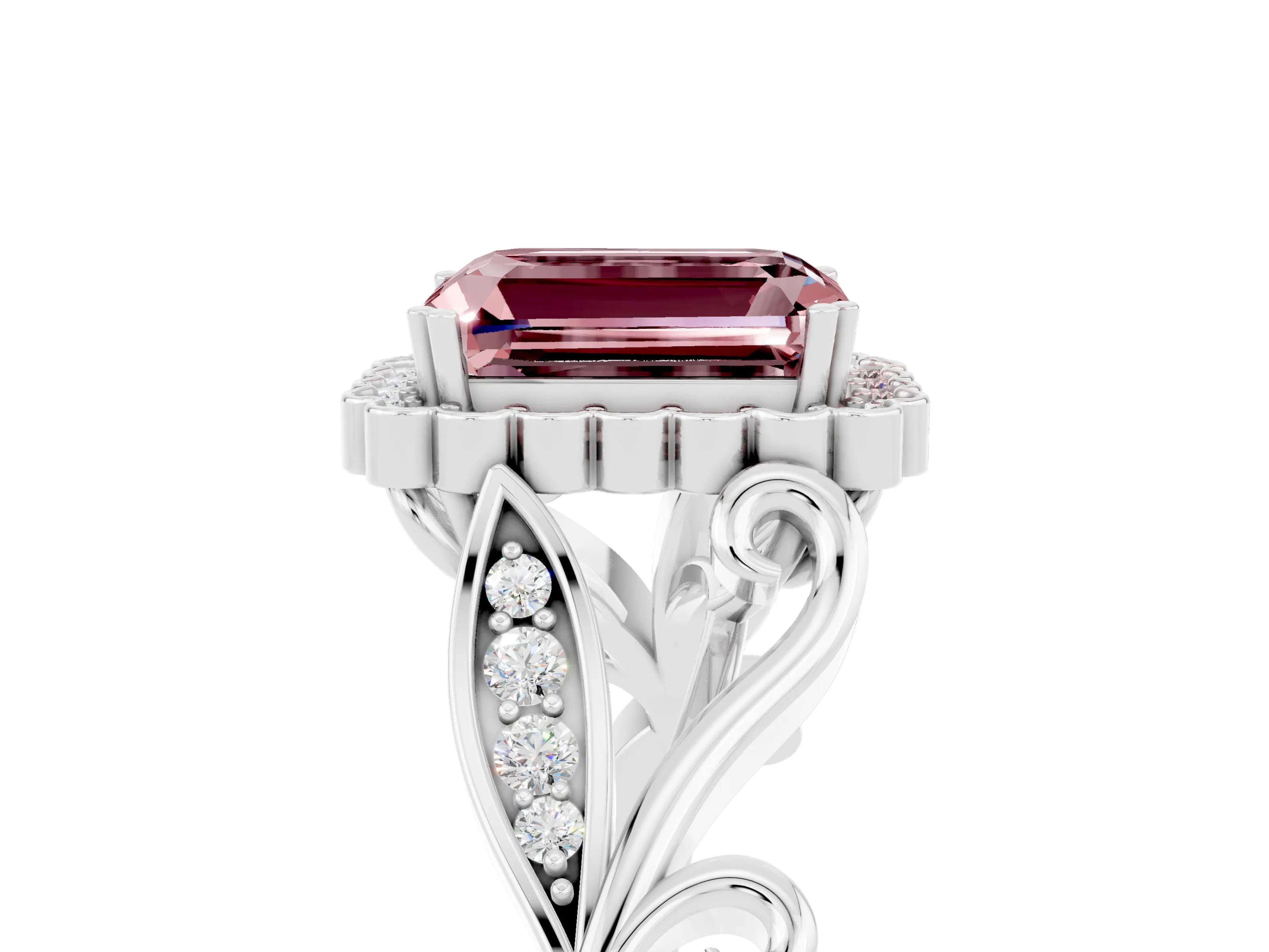 White gold Emerald Cut Morganite Halo Ring with Vintage Split Shank and Four-Prong Setting_29