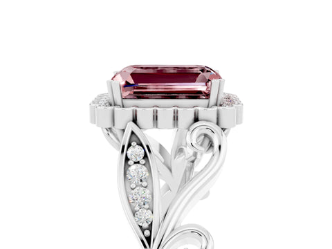 White gold Emerald Cut Morganite Halo Ring with Vintage Split Shank and Four-Prong Setting_29