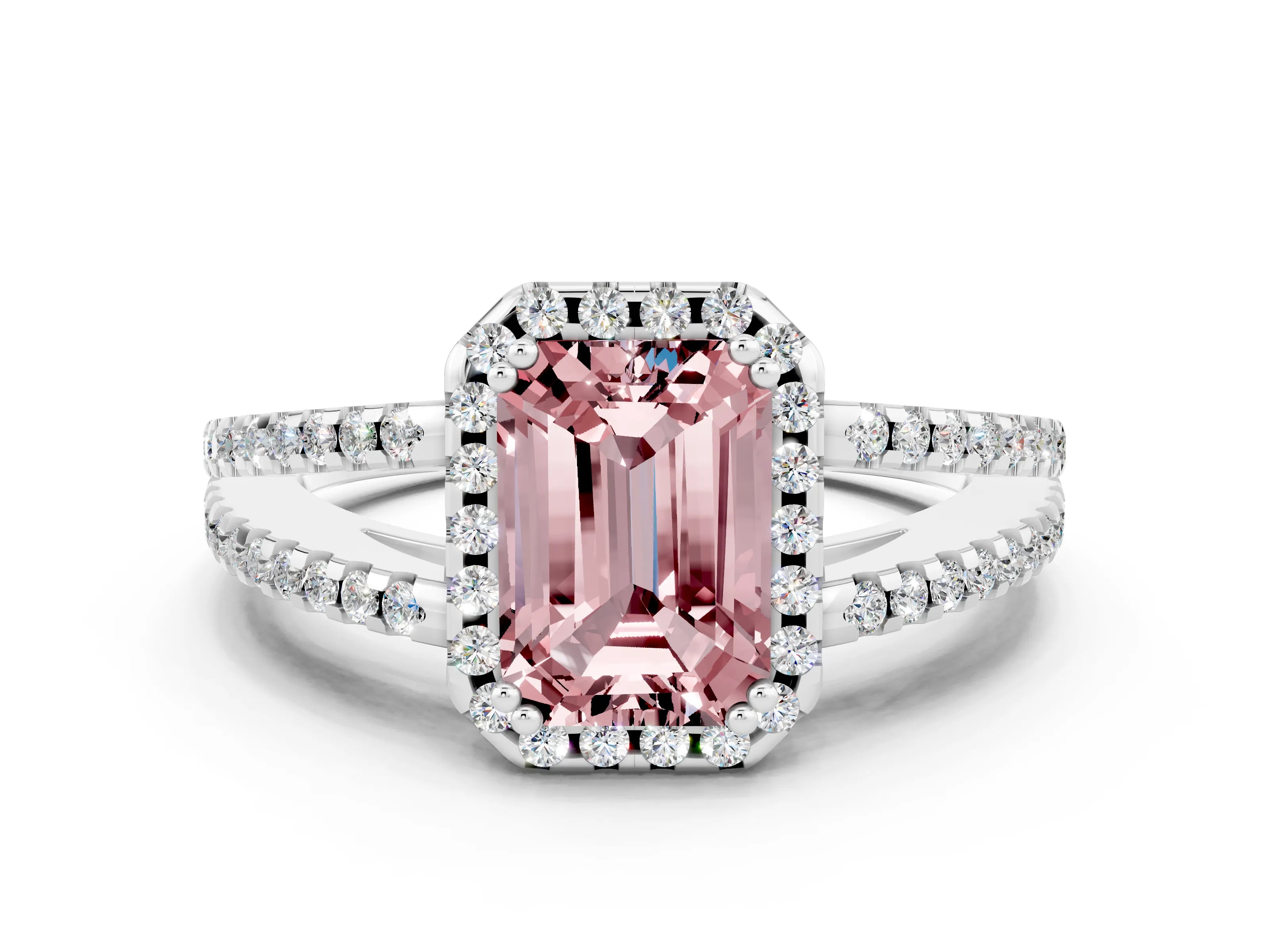 White gold Emerald Cut Morganite Halo Split Shank Engagement Ring_12