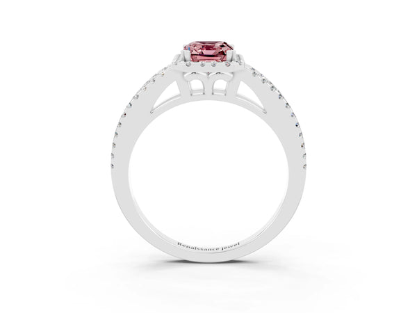 White gold Emerald Cut Morganite Halo Split Shank Engagement Ring