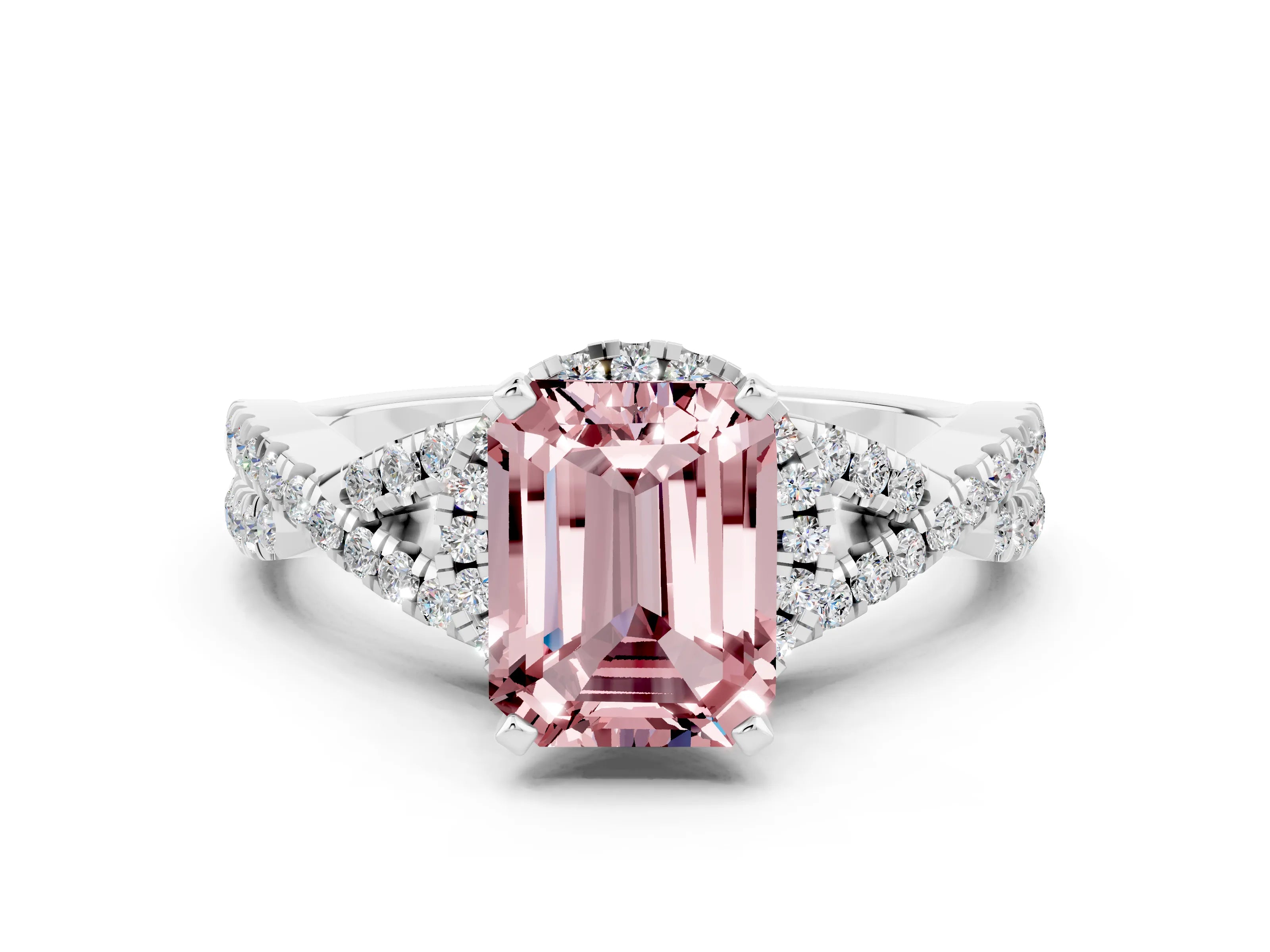 White gold Emerald Cut Morganite Halo Twist Band Solitaire Prong Setting Ring