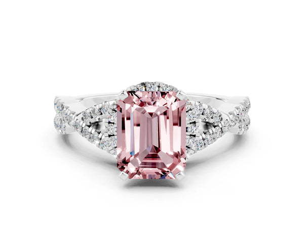 Platinum Emerald Cut Morganite  Halo Twist Band Solitaire Prong Setting Ring