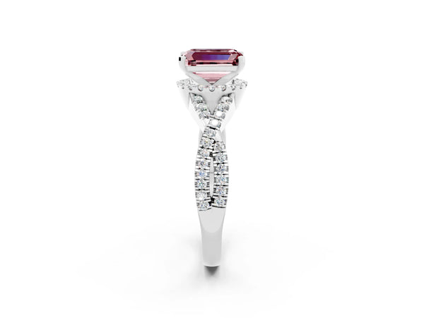 Platinum Emerald Cut Morganite  Halo Twist Band Solitaire Prong Setting Ring