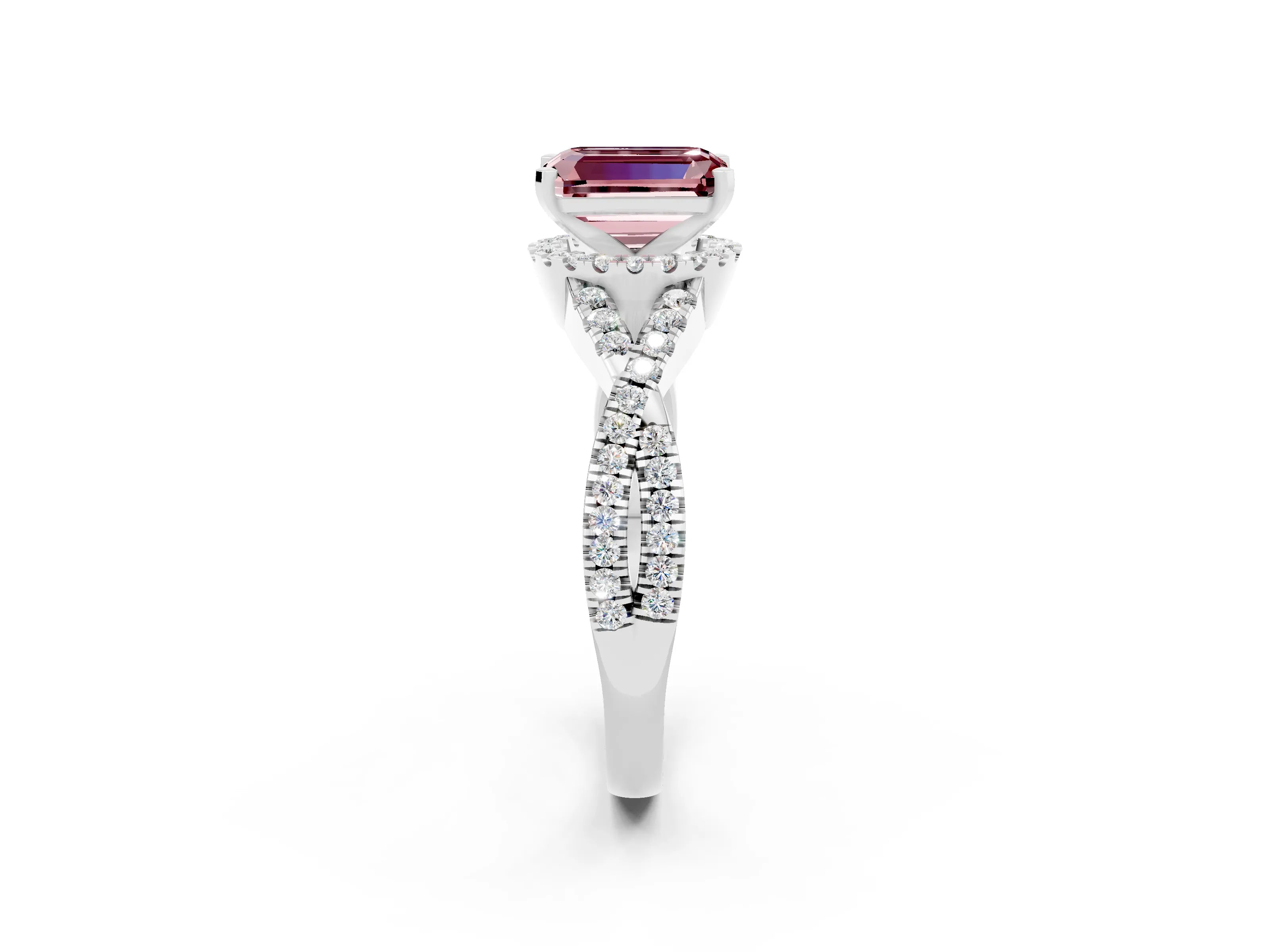 White gold Emerald Cut Morganite Halo Twist Band Solitaire Prong Setting Ring_2