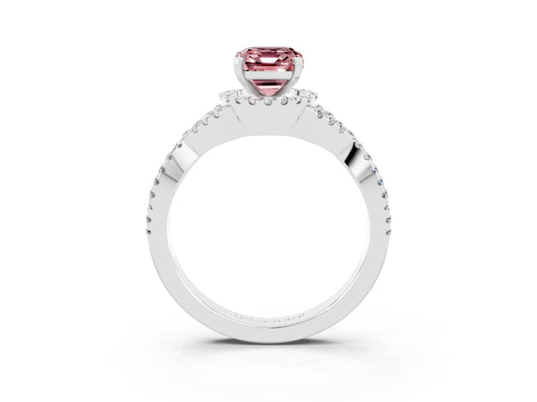 Platinum Emerald Cut Morganite  Halo Twist Band Solitaire Prong Setting Ring
