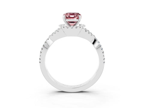 White gold Emerald Cut Morganite Halo Twist Band Solitaire Prong Setting Ring_3