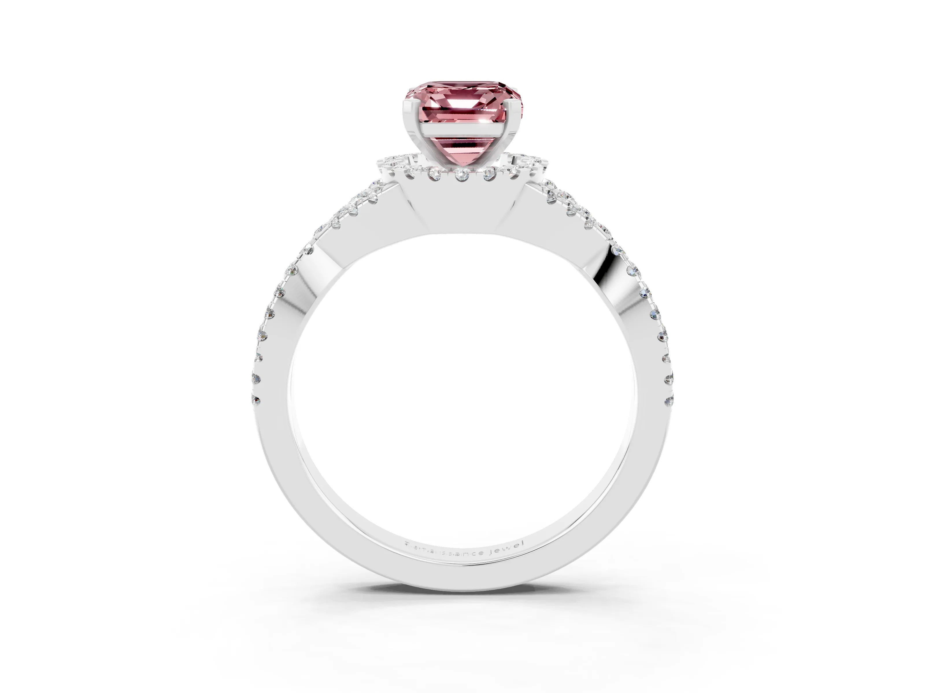 White gold Emerald Cut Morganite Halo Twist Band Solitaire Prong Setting Ring_3