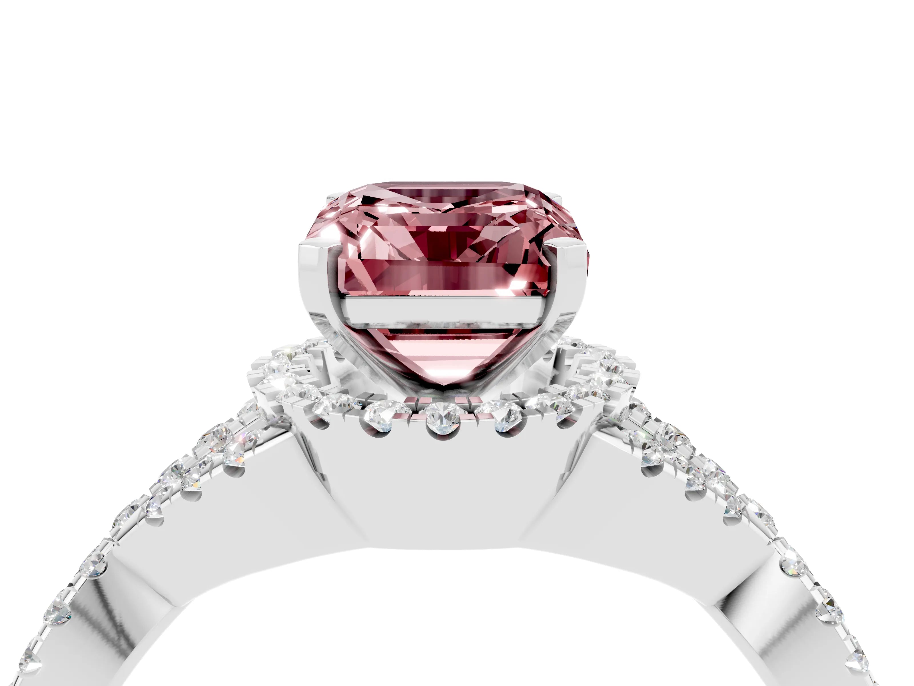 White gold Emerald Cut Morganite Halo Twist Band Solitaire Prong Setting Ring_4