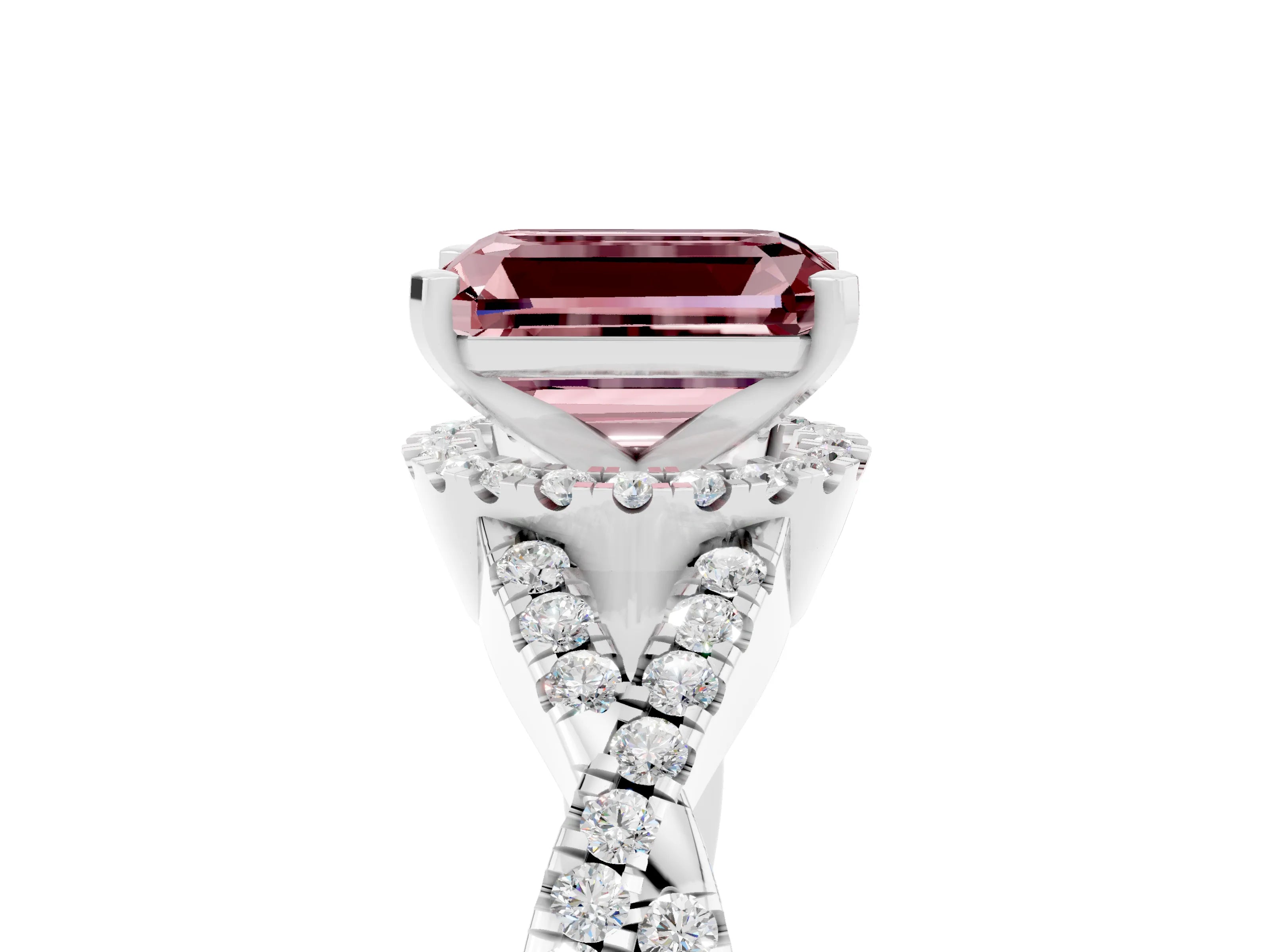 White gold Emerald Cut Morganite Halo Twist Band Solitaire Prong Setting Ring_5