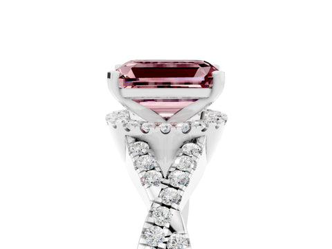 White gold Emerald Cut Morganite Halo Twist Band Solitaire Prong Setting Ring_5