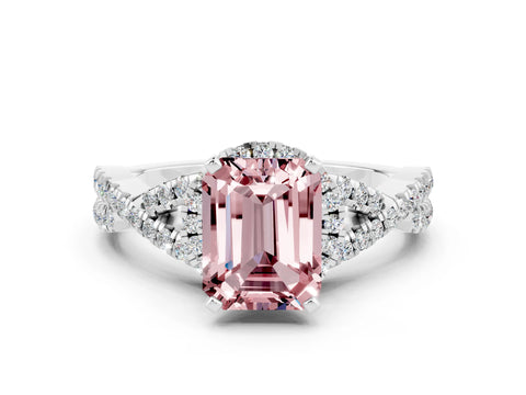 White gold Emerald Cut Morganite Halo Twist Band Solitaire Prong Setting Ring