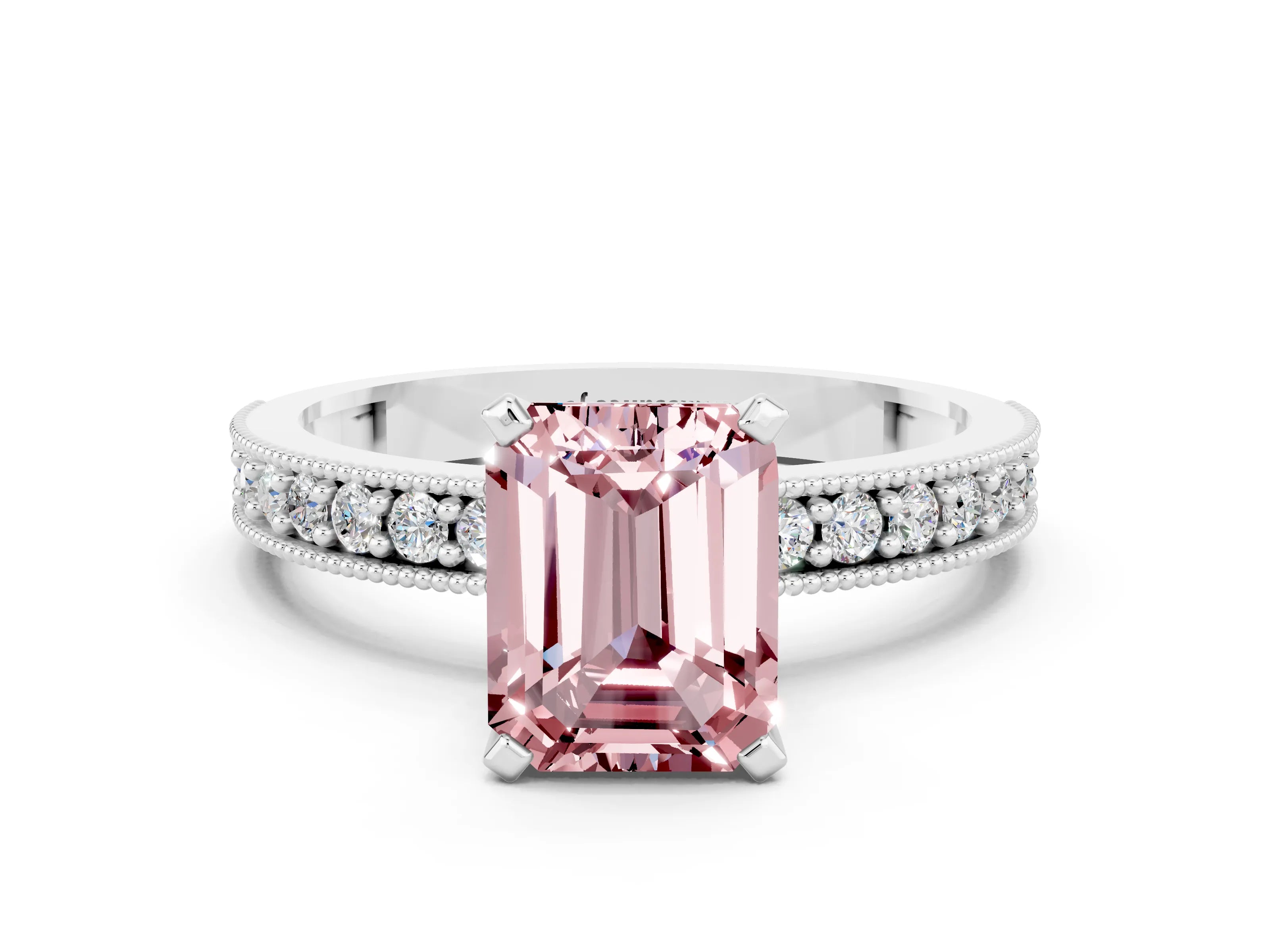 White gold Emerald Cut Morganite Milgrain Pavé Engagement Ring with Four-Prong Setting_12