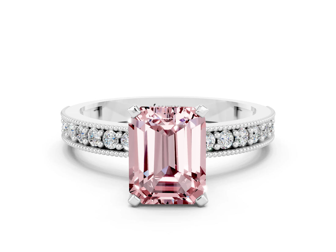 White gold Emerald Cut Morganite Milgrain Pavé Engagement Ring with Four-Prong Setting_12