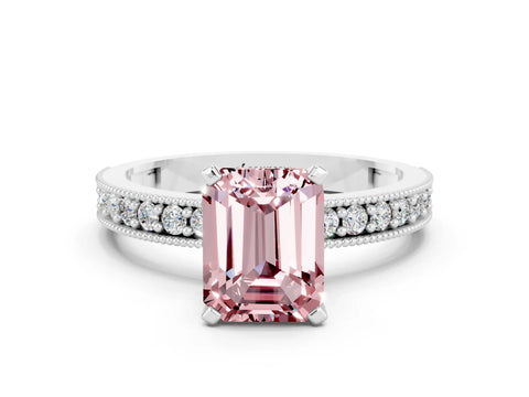 White gold Emerald Cut Morganite Milgrain Pavé Engagement Ring with Four-Prong Setting_12