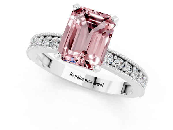 Platinum Emerald Cut Morganite Milgrain Pavé Engagement Ring with Four-Prong Setting
