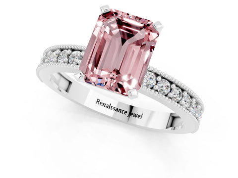 White gold Emerald Cut Morganite Milgrain Pavé Engagement Ring with Four-Prong Setting_13