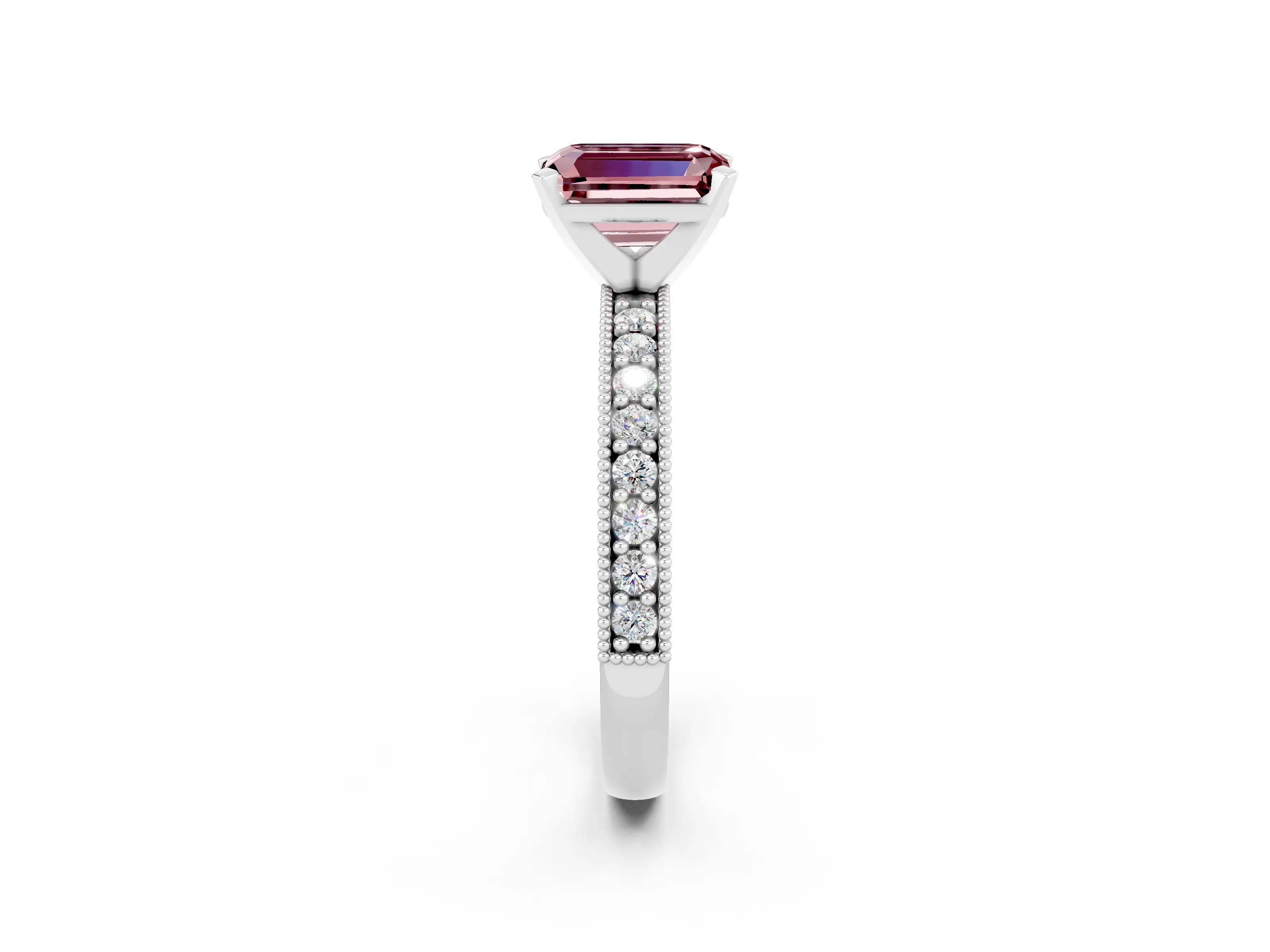 White gold Emerald Cut Morganite Milgrain Pavé Engagement Ring with Four-Prong Setting_14