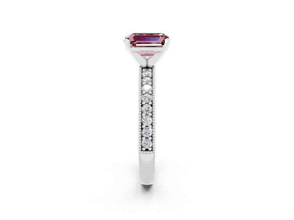 White gold Emerald Cut Morganite Milgrain Pavé Engagement Ring with Four-Prong Setting