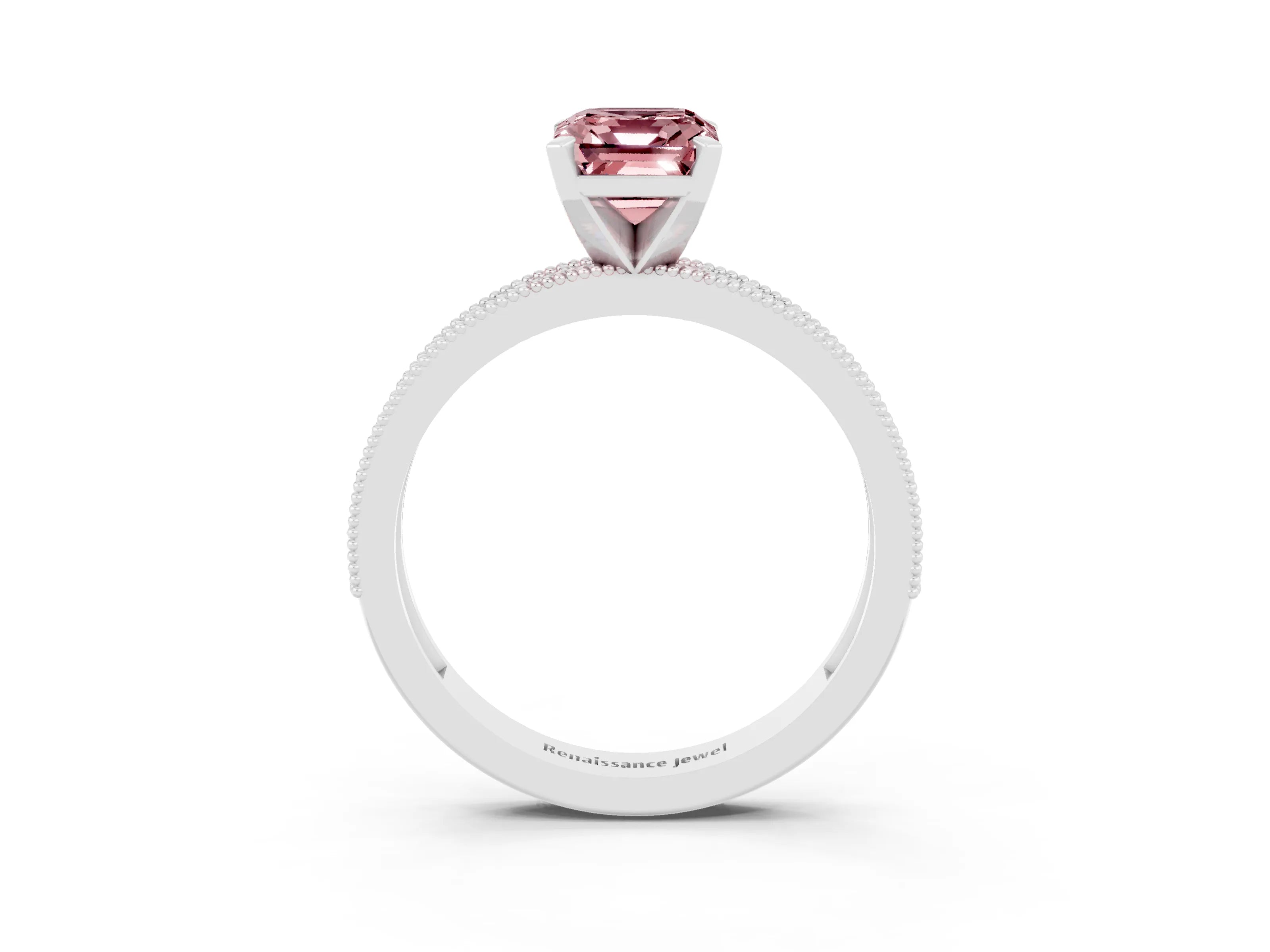 White gold Emerald Cut Morganite Milgrain Pavé Engagement Ring with Four-Prong Setting_15