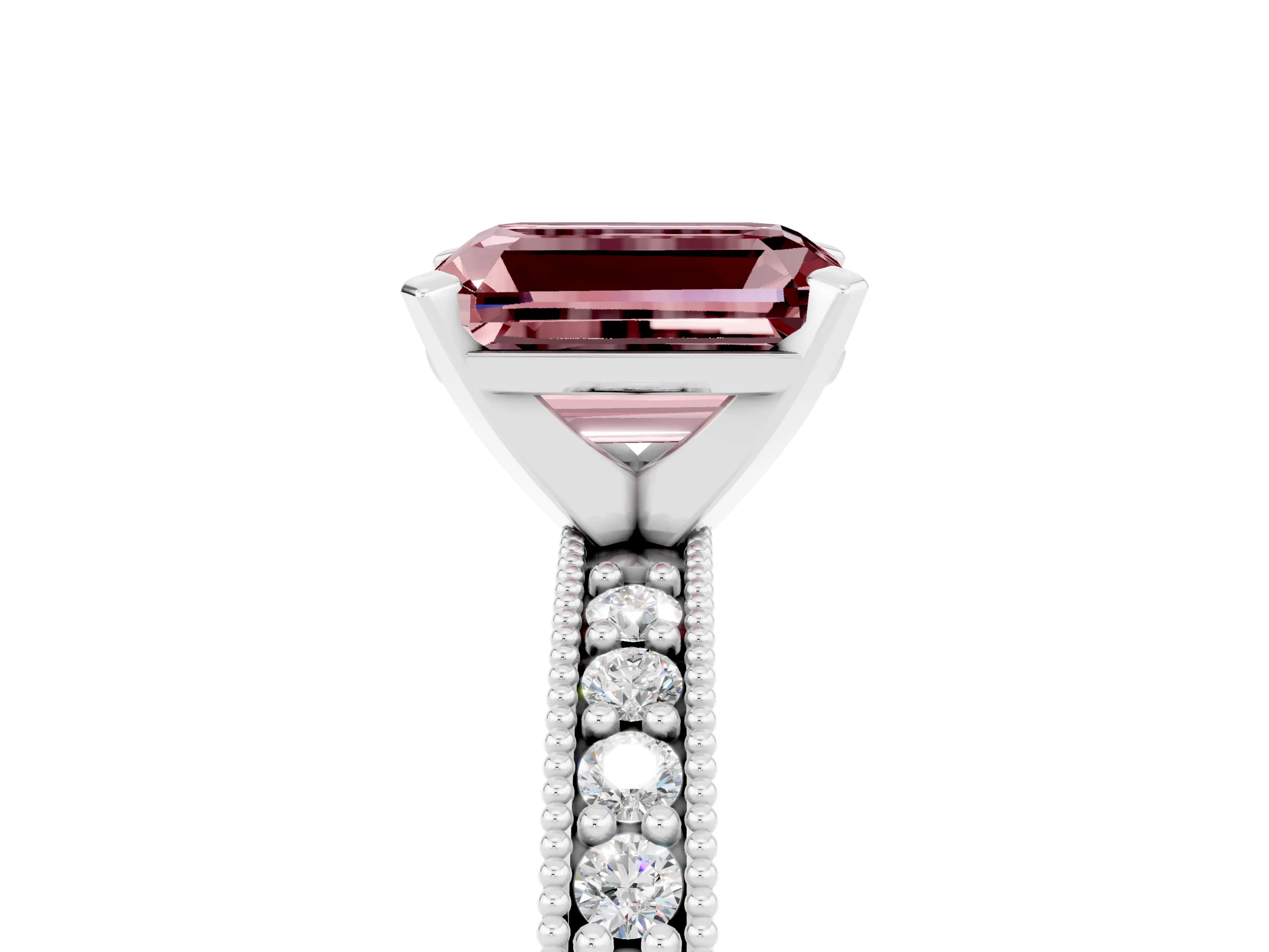 White gold Emerald Cut Morganite Milgrain Pavé Engagement Ring with Four-Prong Setting_17