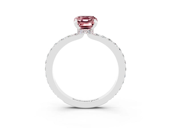 Platinum Emerald Cut Morganite Pavé Engagement Ring with Round  Accents and Prong Setting