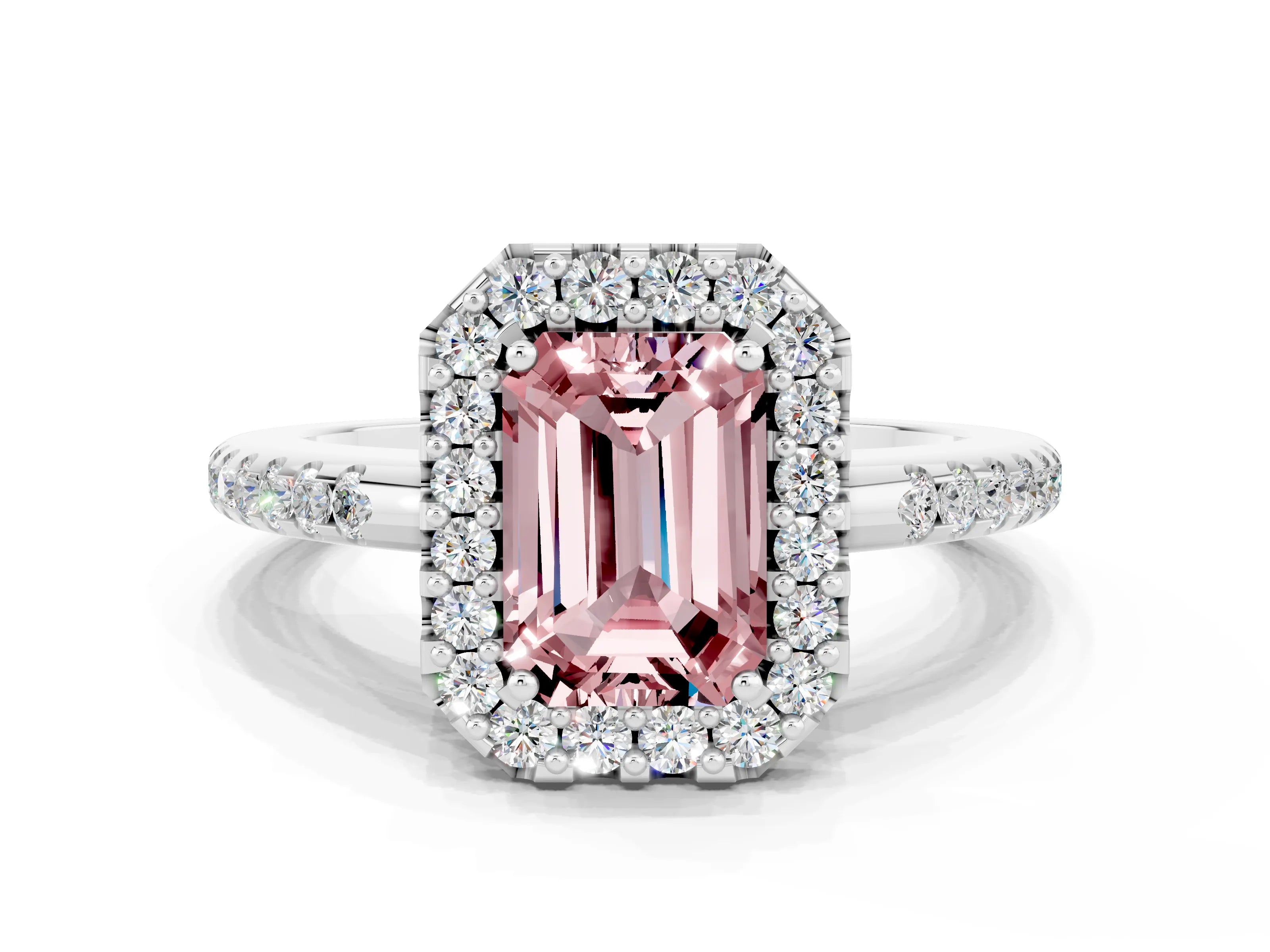 White gold Emerald Cut Morganite Pavé Halo Ring with Four-Prong Setting_12
