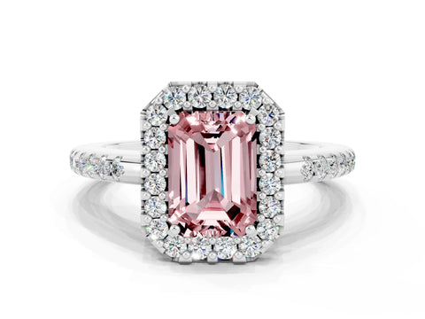 White gold Emerald Cut Morganite Pavé Halo Ring with Four-Prong Setting_12