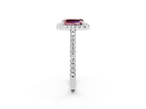 Platinum Emerald Cut Morganite Pavé Halo Ring with Four-Prong Setting