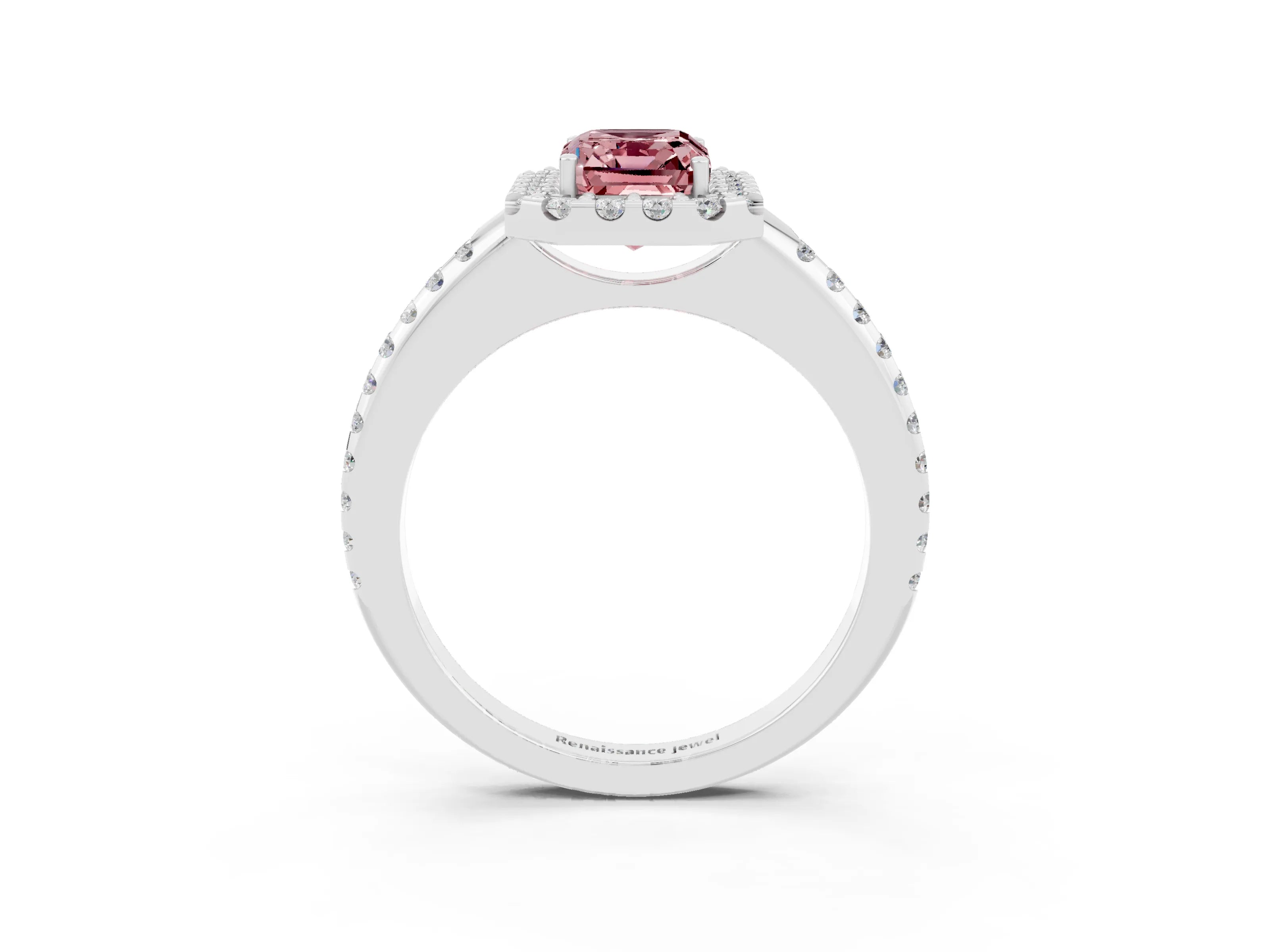 White gold Emerald Cut Morganite Pavé Halo Ring with Four-Prong Setting_15