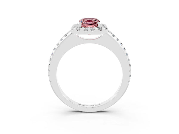 White gold Emerald Cut Morganite Pavé Halo Ring with Four-Prong Setting