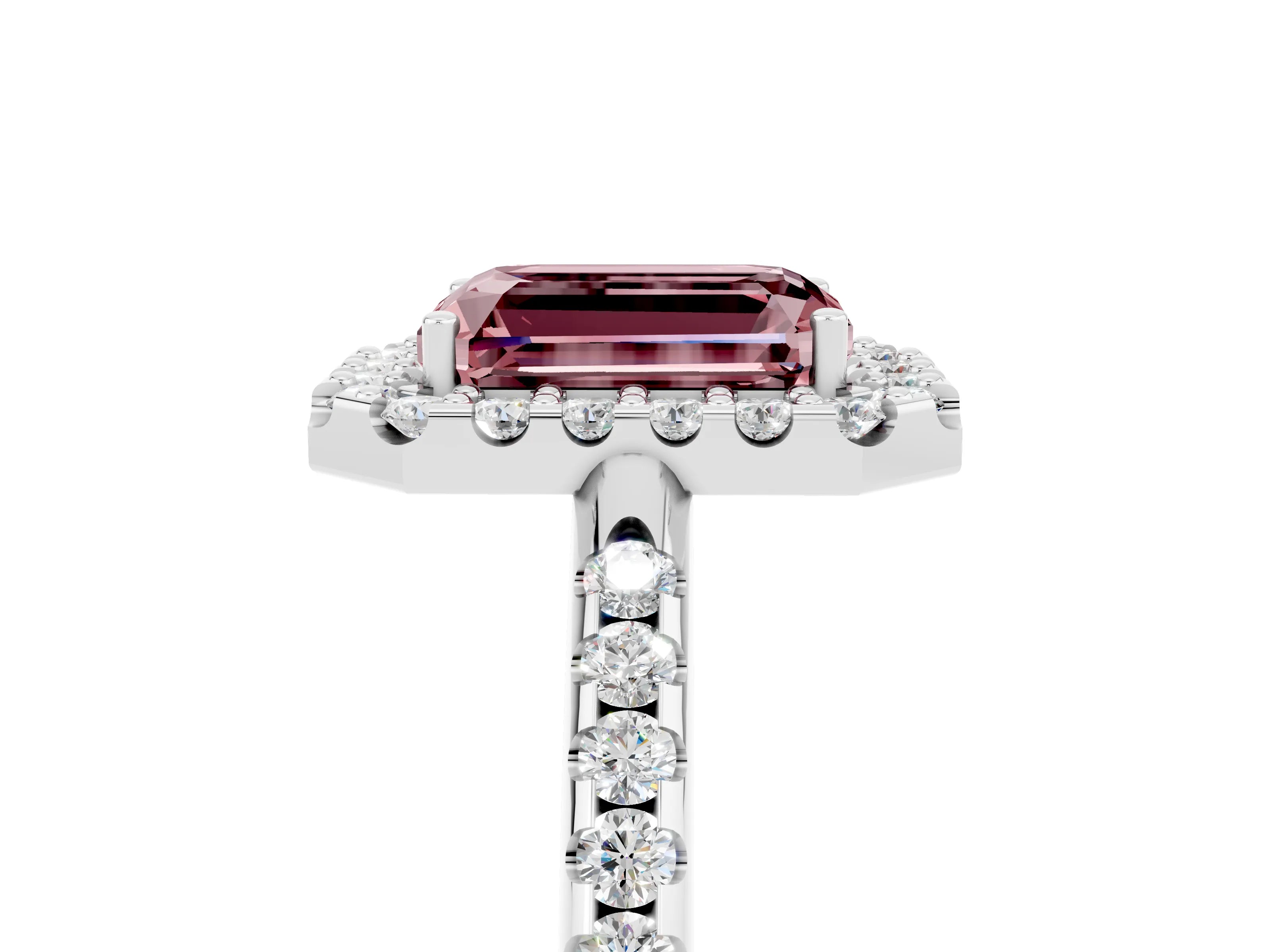 White gold Emerald Cut Morganite Pavé Halo Ring with Four-Prong Setting_17