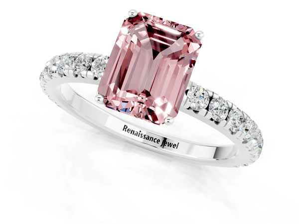 Silver Emerald Cut Morganite Pavé Solitaire Engagement Ring with Four-Prong Setting