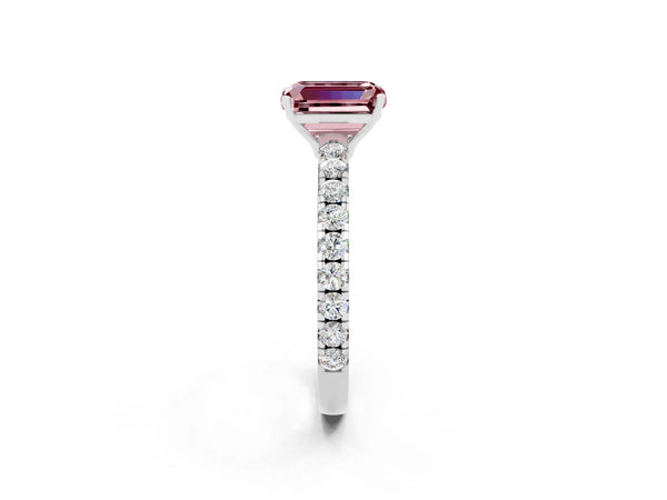 Platinum Emerald Cut Morganite Pavé Solitaire Engagement Ring with Four-Prong Setting