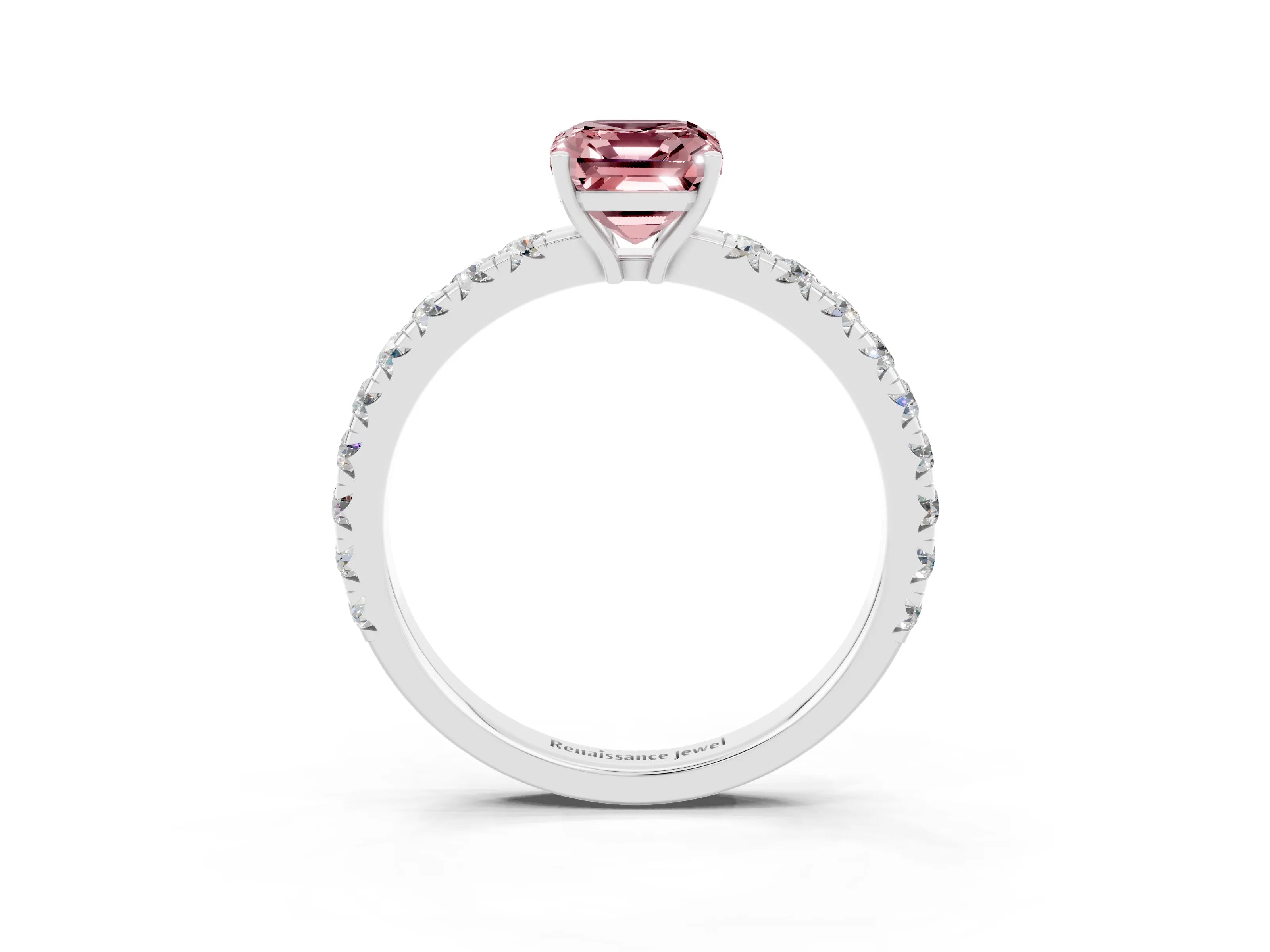 White gold Emerald Cut Morganite Pavé Solitaire Engagement Ring with Four-Prong Setting_15