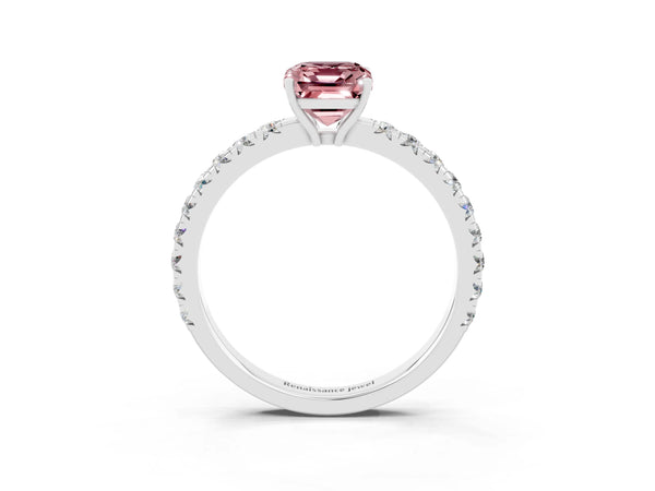 White gold Emerald Cut Morganite Pavé Solitaire Engagement Ring with Four-Prong Setting