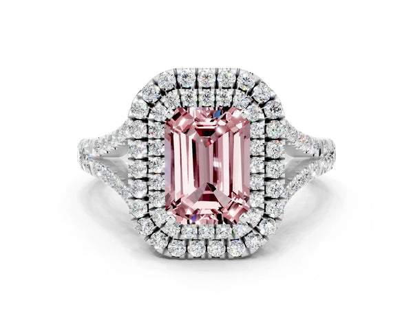 Platinum Emerald Cut Morganite Pavé Split Shank Double Halo Engagement Ring