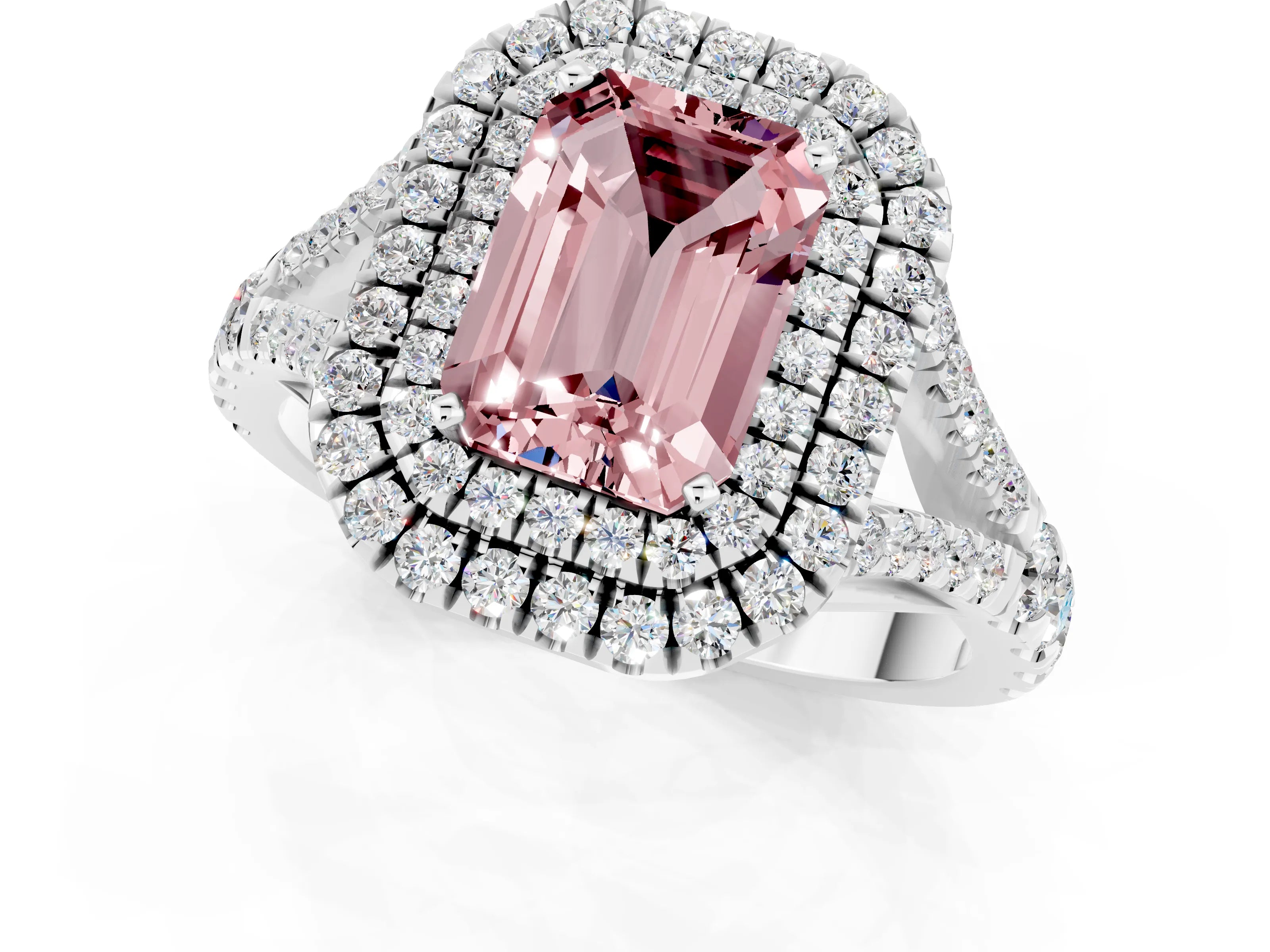 White gold Emerald Cut Morganite Pavé Split Shank Double Halo Engagement Ring_1
