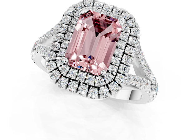 Silver Emerald Cut Morganite Pavé Split Shank Double Halo Engagement Ring