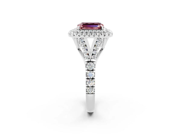 Platinum Emerald Cut Morganite Pavé Split Shank Double Halo Engagement Ring