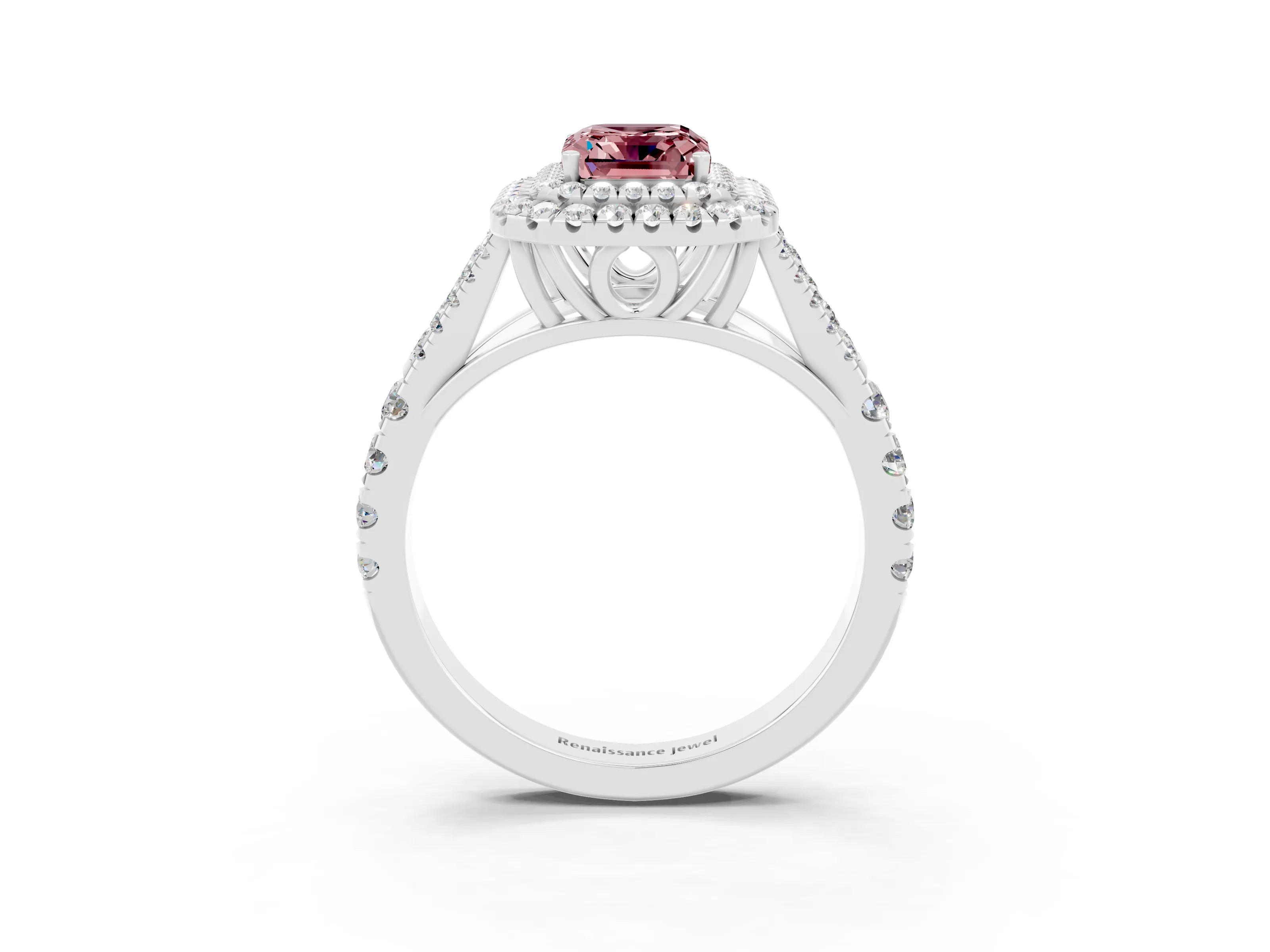 White gold Emerald Cut Morganite Pavé Split Shank Double Halo Engagement Ring_3