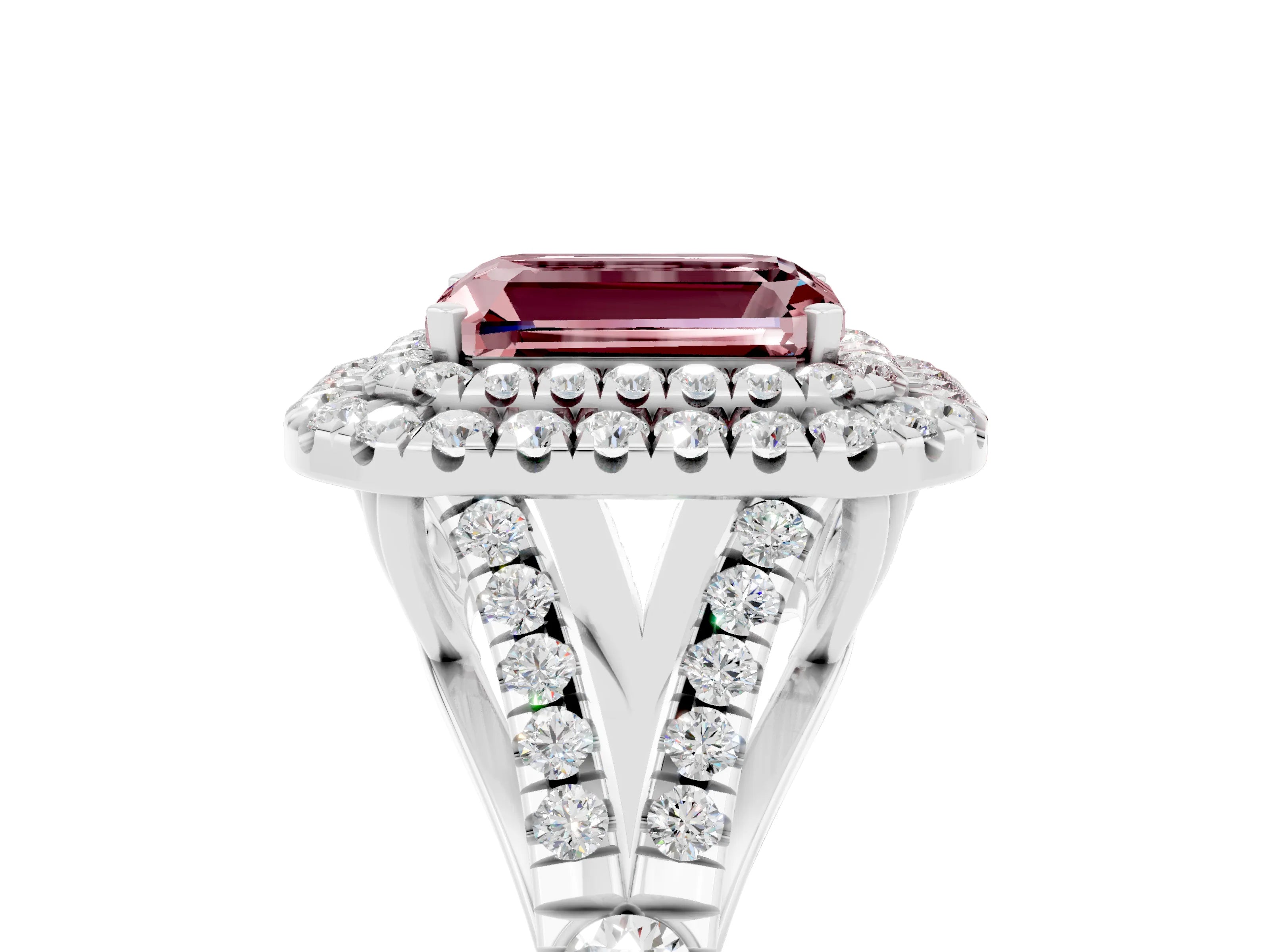 White gold Emerald Cut Morganite Pavé Split Shank Double Halo Engagement Ring_5