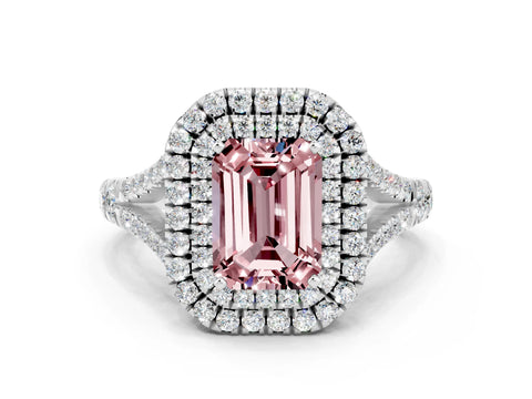 White gold Emerald Cut Morganite Pavé Split Shank Double Halo Engagement Ring