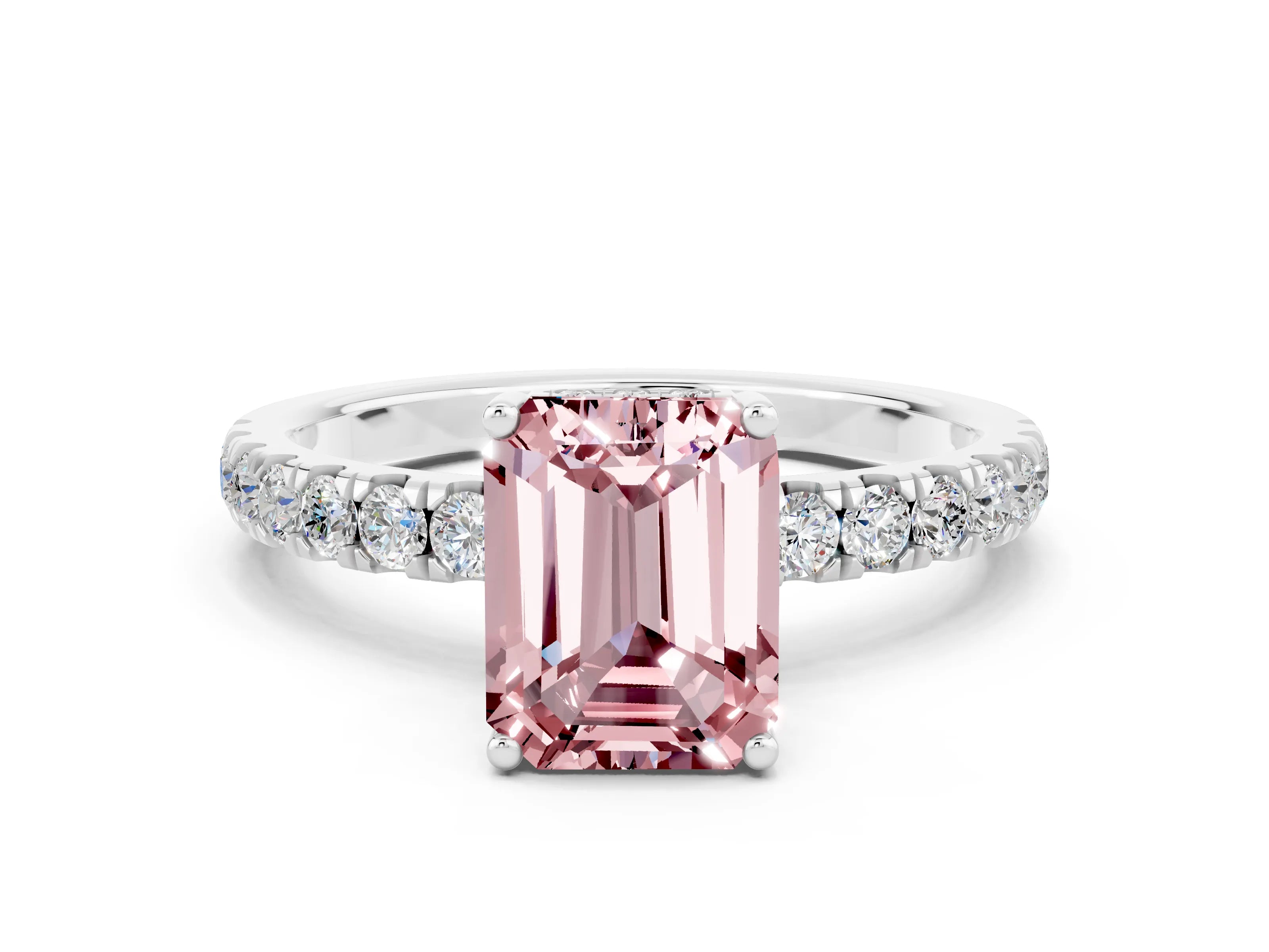 White gold Emerald Cut Morganite Pave Band Solitaire Ring with Four-Prong Setting_24